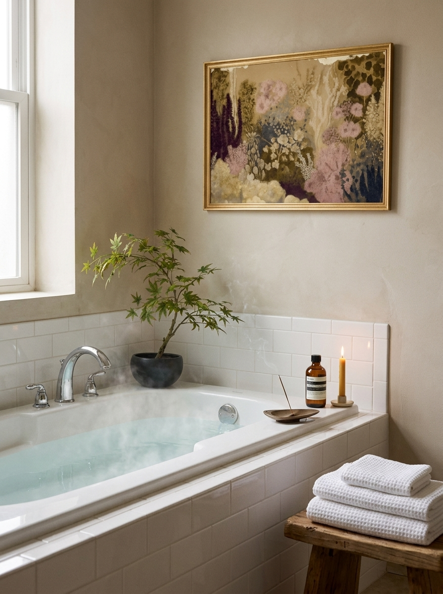 The Serene — soaking tub with a faux Japanese maple, gallery art, and candlelight